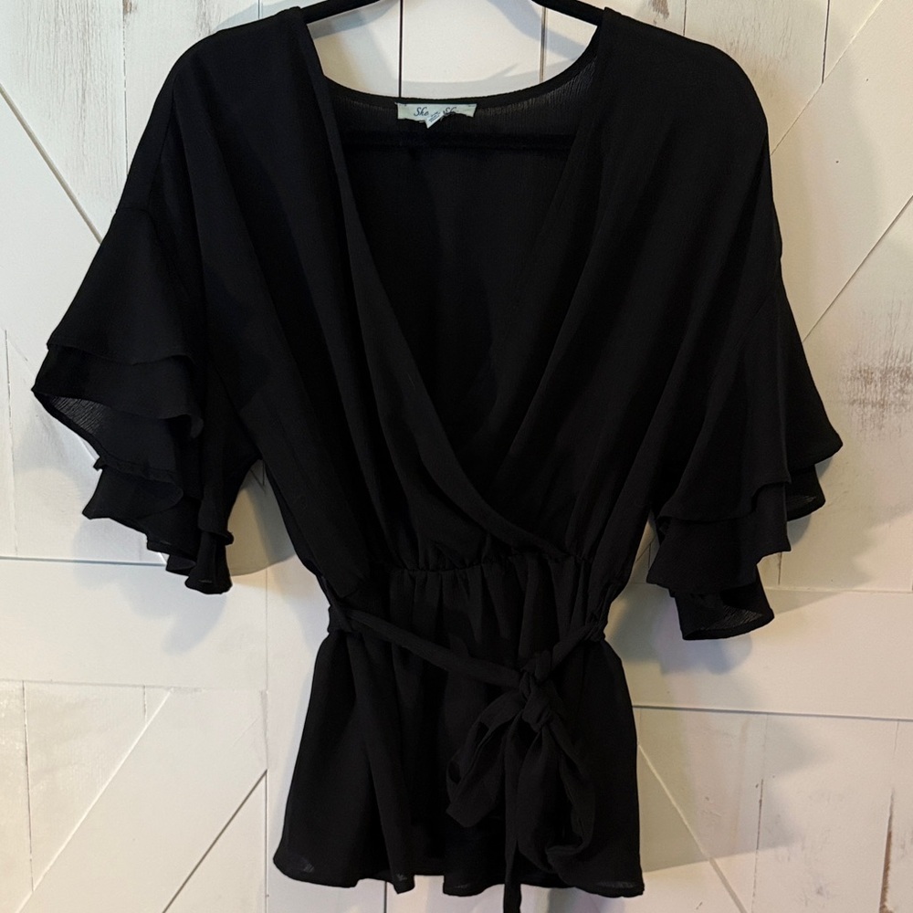 She + Sky Black Wrap Ruffle Sleeve Blouse